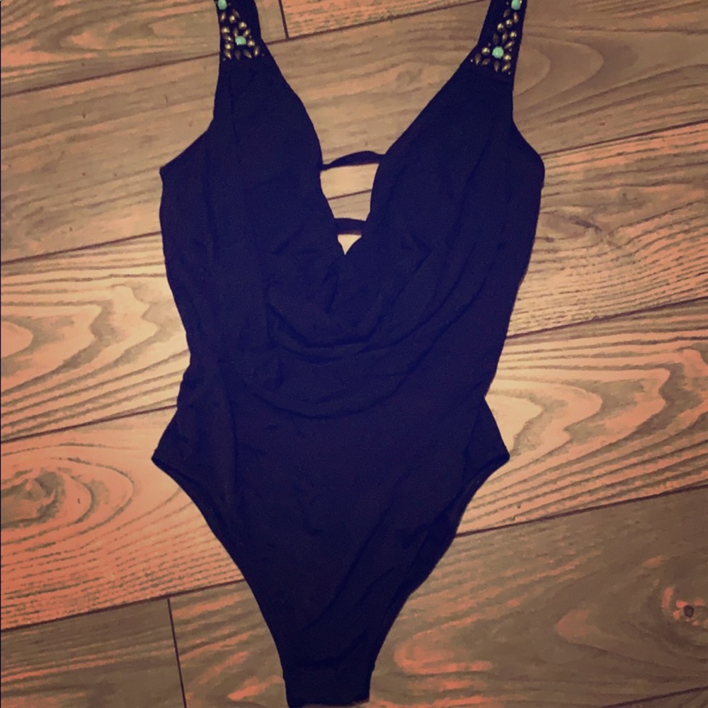 Low Cut One Piece Bathing Suit with Bead Detail